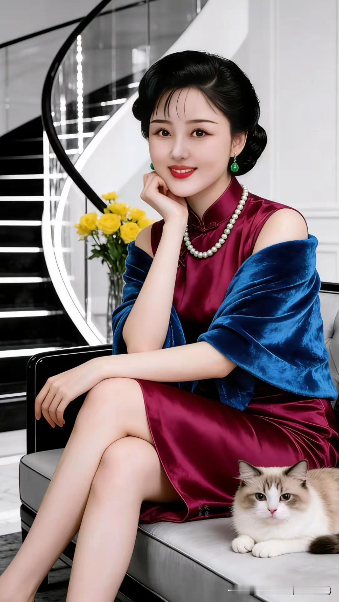 优雅红衣美人与猫咪的温馨时光🌸🐱