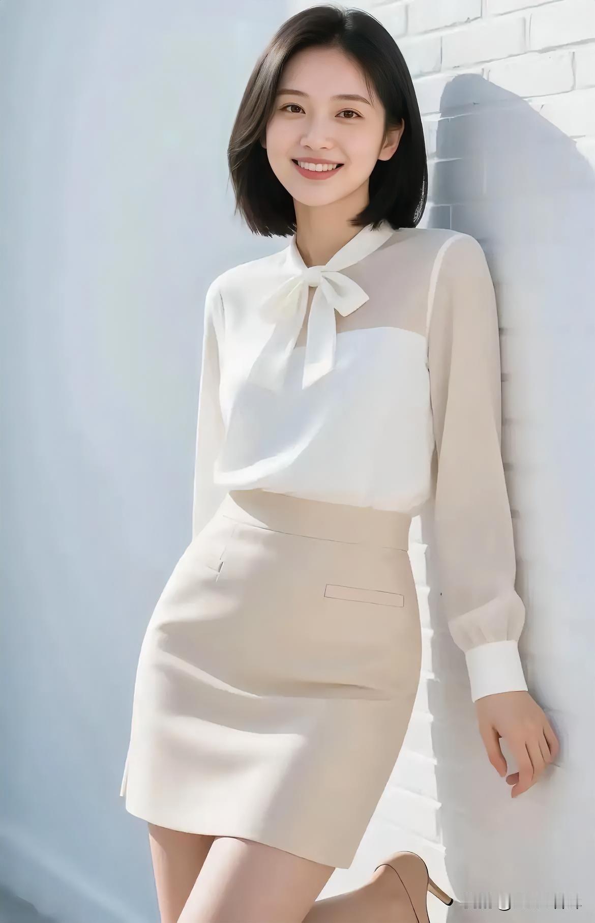 白墙为笺，她倚成一首清雅的诗。蝴蝶结系住柔光，雪纺与针织私语温柔。米裙勾