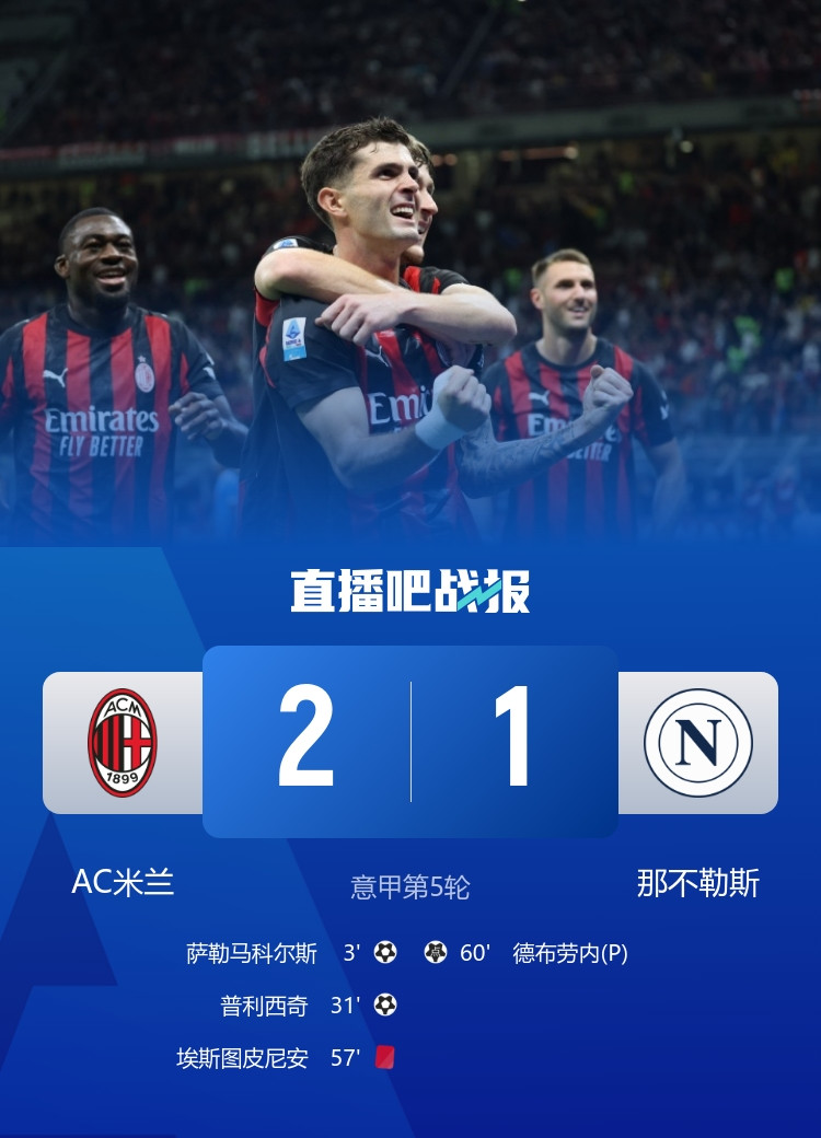 登顶! 十人米兰2-1那不勒斯 普利西奇传射 埃斯图皮尼安染红+送点
