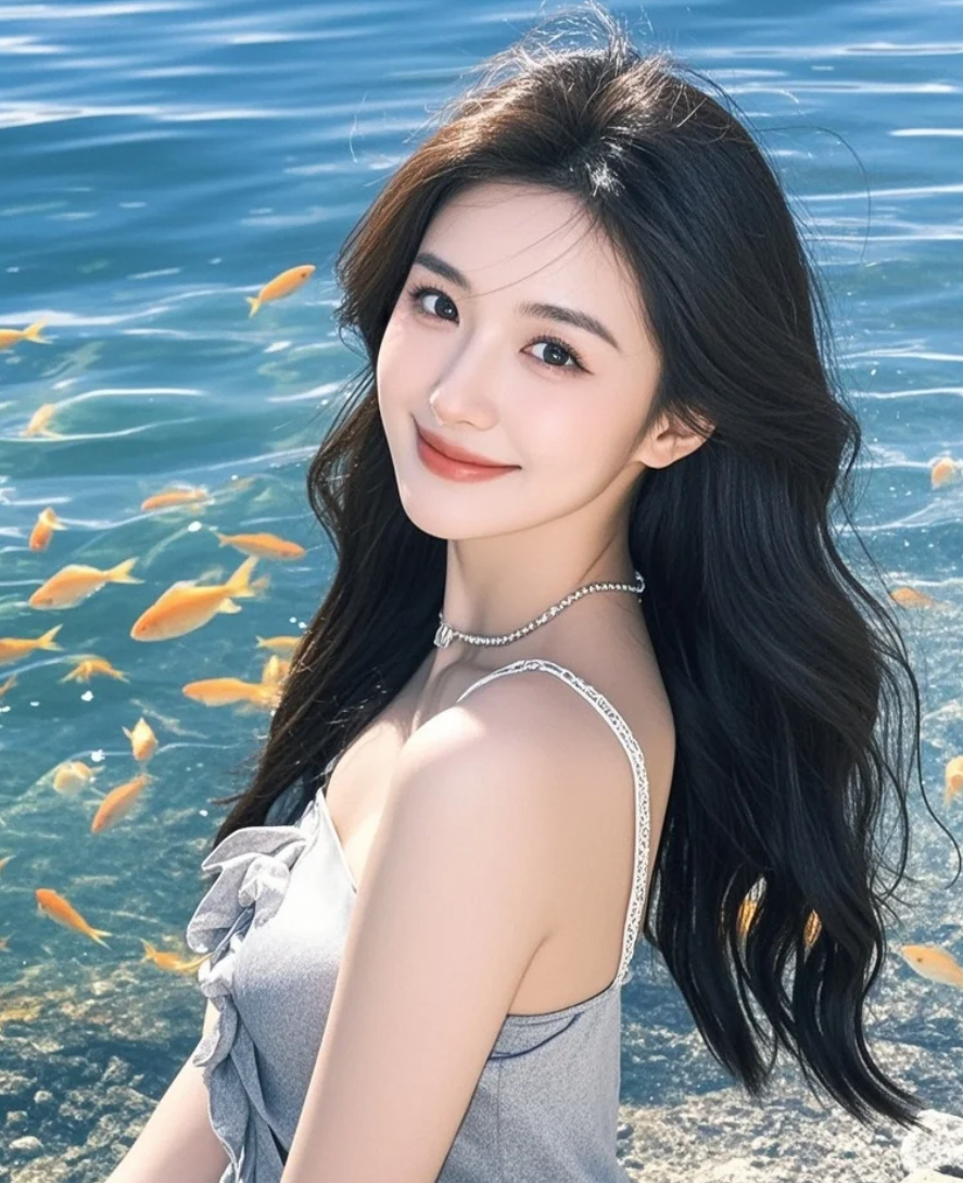 湖边静坐，鱼儿轻跃，她的笑容在阳光下如梦如幻