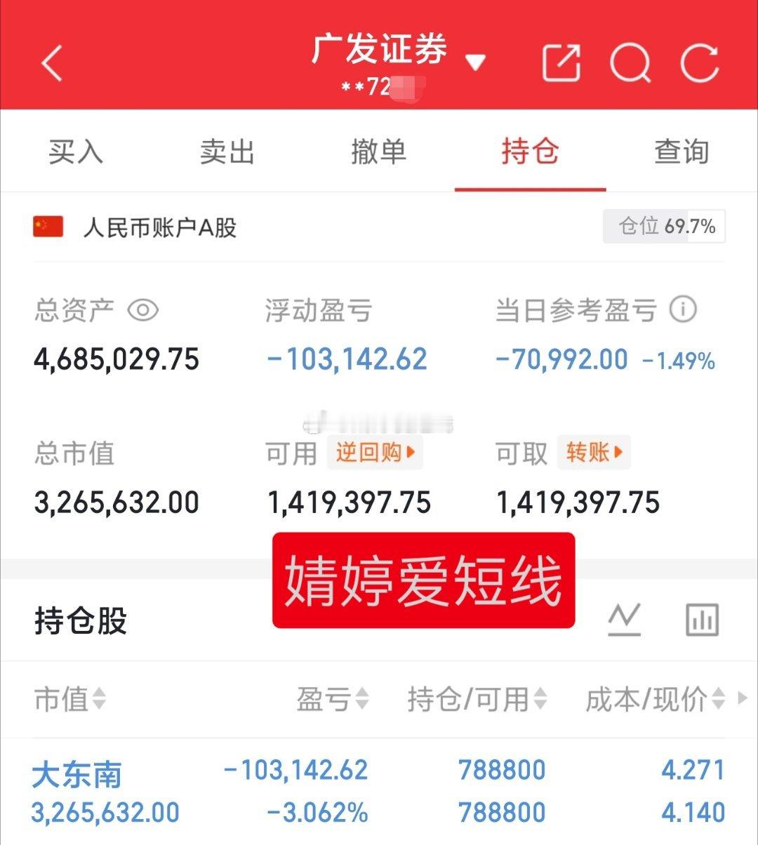 30万本金实盘记录（第449天）目前资金:4685029.75元今日持有:大东南