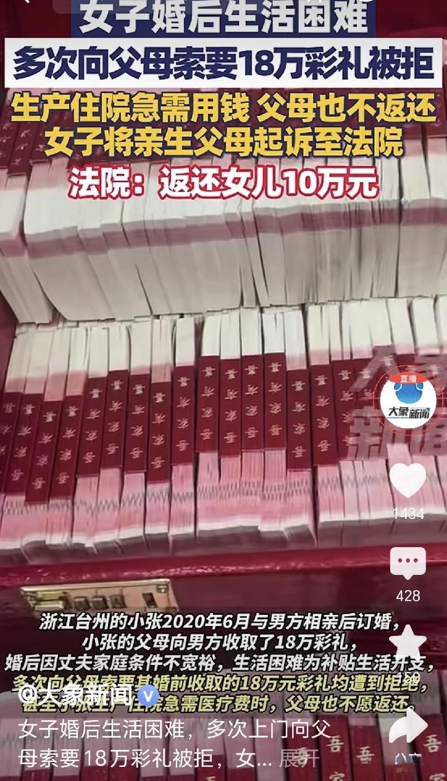 浙江台州，一女子结婚，男方给了18万彩礼，父母把彩礼拿走，没给女子一分钱嫁妆，女
