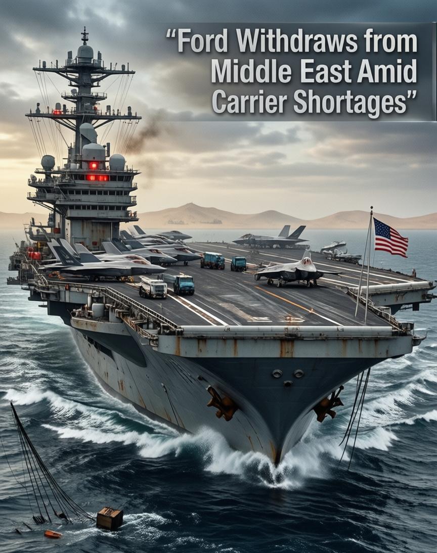 美军那边，19号传出一个挺尴尬的消息——“福特”号航母，撤了。原因说出来有点