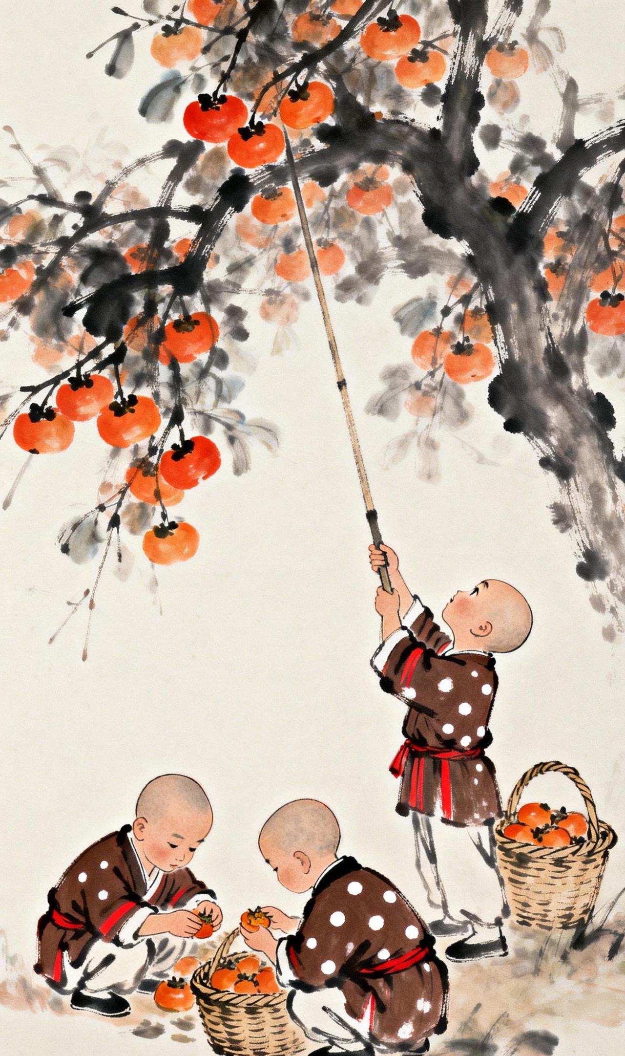 柿荫禅趣秋深柿熟，满树悬金。枝叶疏朗间，三五果实低垂轻晃，似含笑意。一僧仰首执