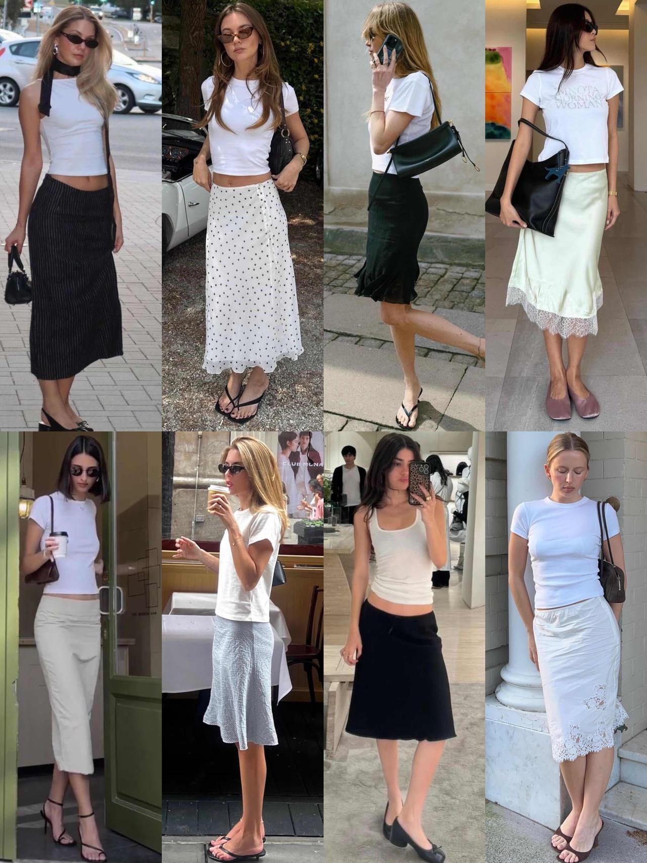 T恤配裙子，减龄又温柔！简约白T搭配不同款式的半裙，轻松拿捏多种风格。波点、条