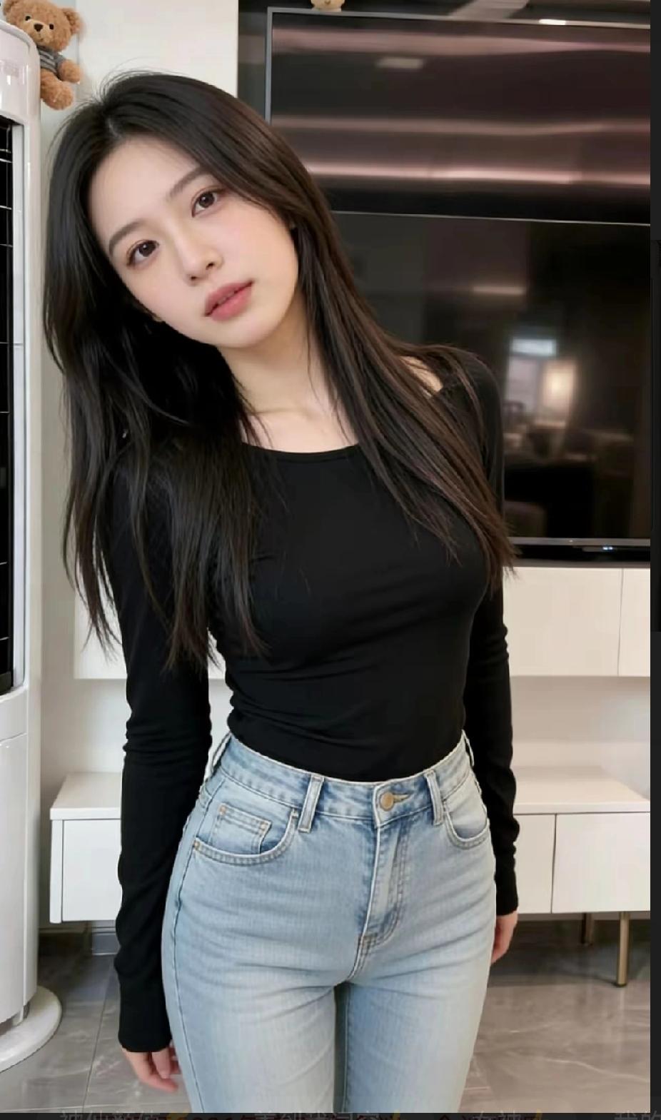 简约穿搭，黑色上衣配牛仔裤，清新自然！