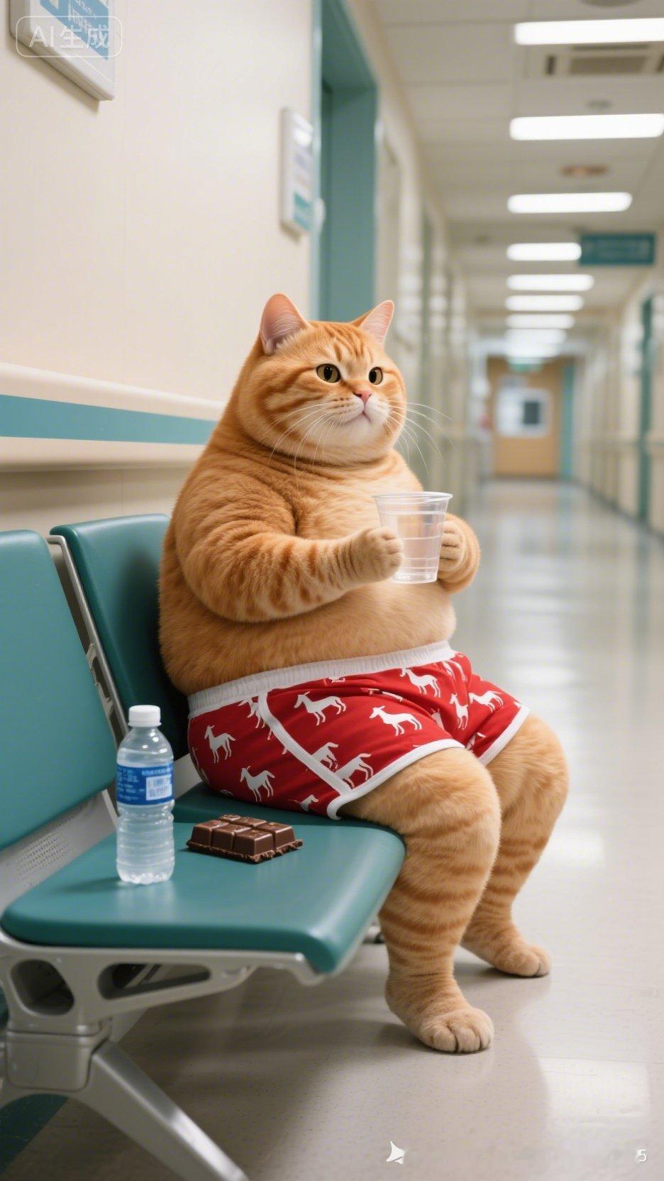 这只猫在走廊上坐着，穿着红色短裤。