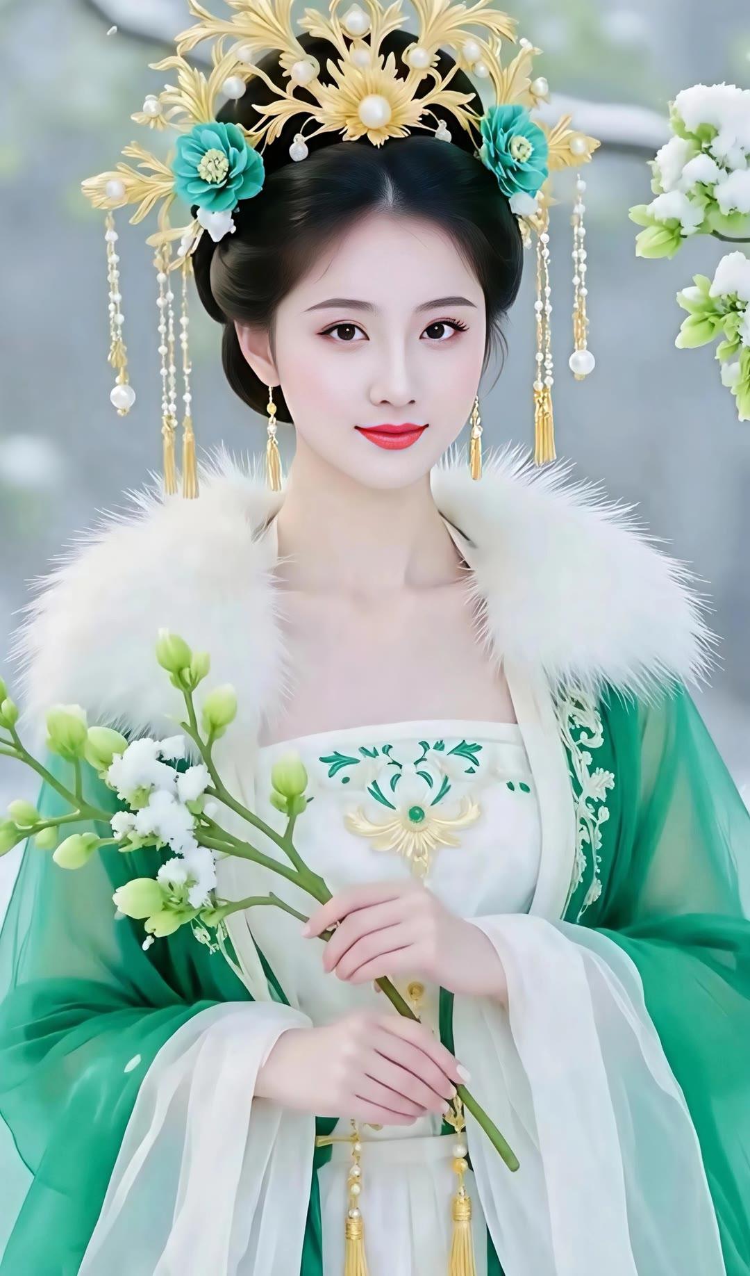 古风美女手持花枝，头戴精美发饰，红唇惊艳，宛如画中人。