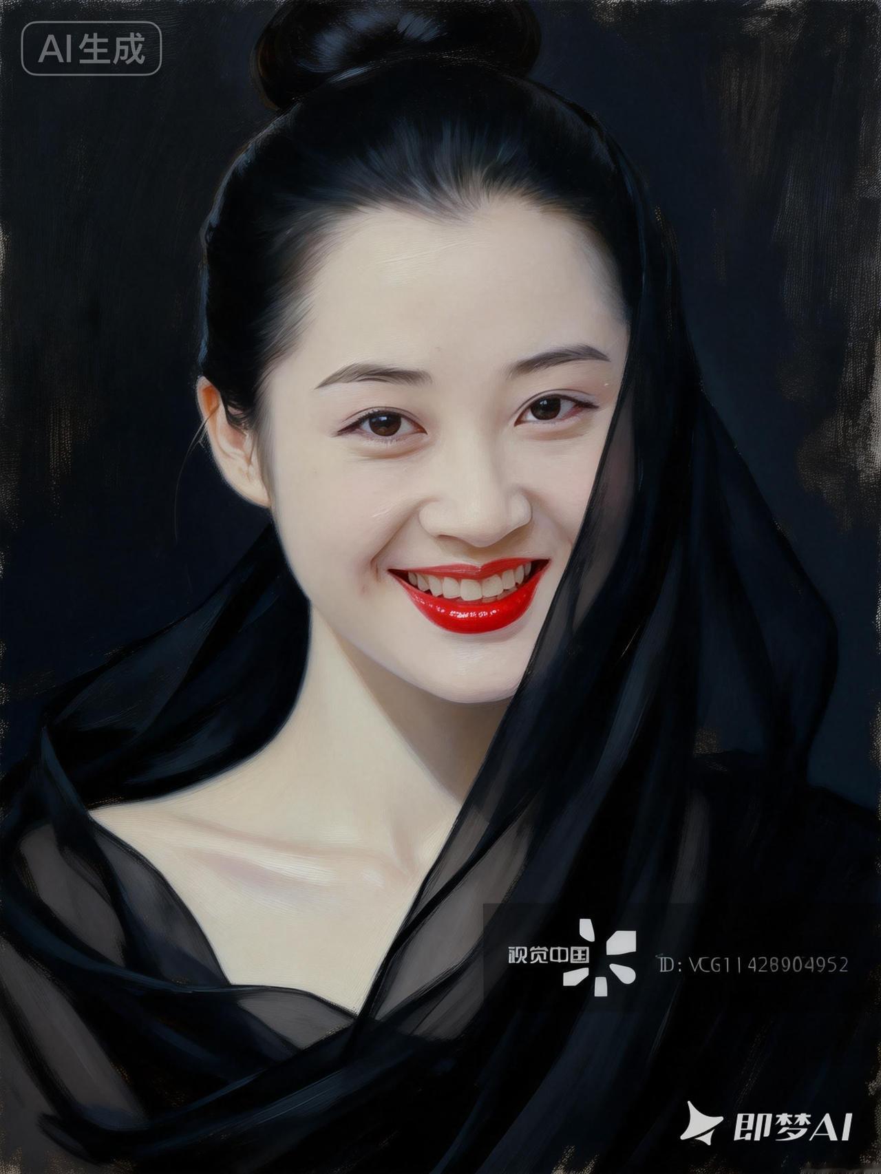 古典美人，红唇微笑，黑纱飘逸，韵味十足！