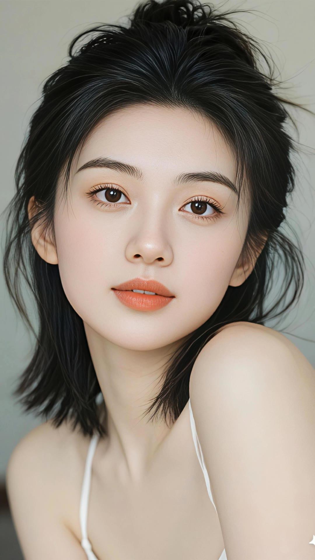 美女乌黑发丝垂落，线条柔和利落，明艳红唇衬得肤色通透。在青绿背景的衬托下，清爽质