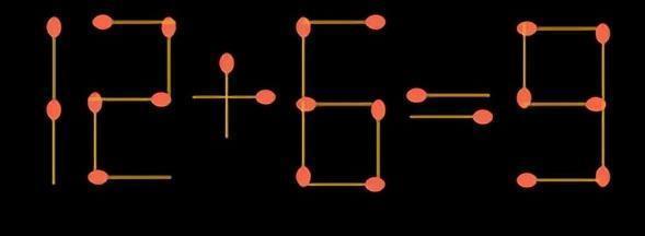这是一道火柴棒智力题，用火柴摆出了“12+6=9”，移动1根火柴让等式