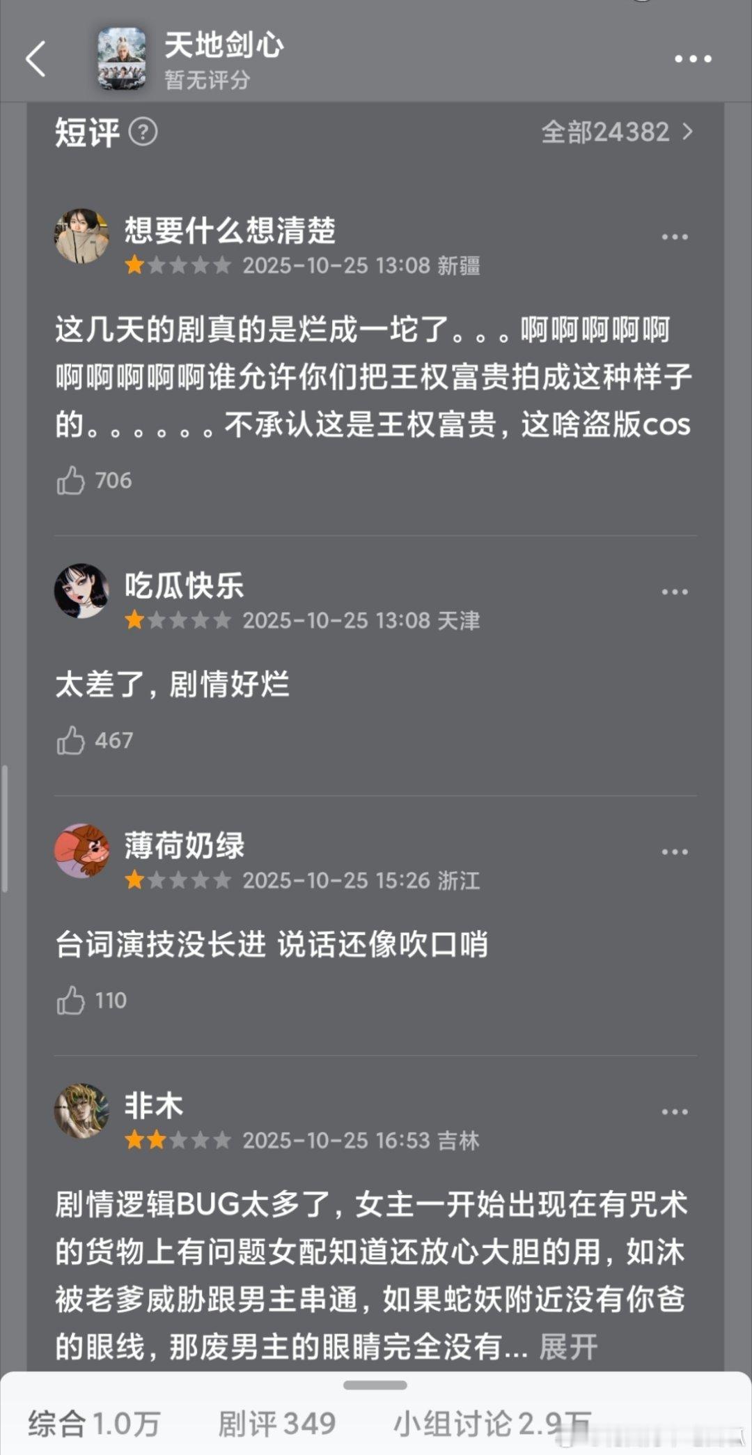 成毅《天地剑心》刚开播就已经有2万多条短评，目前口碑两极分化，一星和五星几乎对半