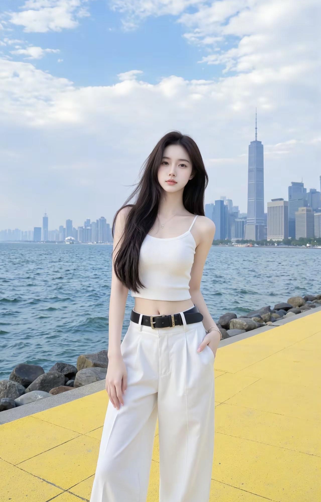 海风把城市轮廓揉进蓝白光影里，一身简约白衫撞着明黄的路，在海岸边把松弛感拉满，任