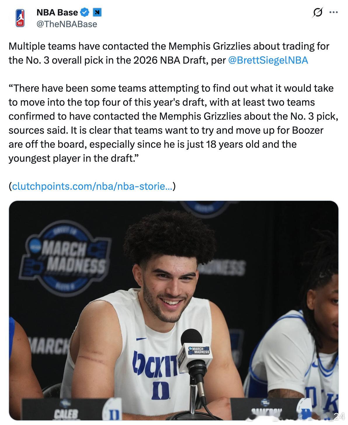 据BrettSiegel报道，多支球队联系孟菲斯灰熊，商讨交易2026年NBA