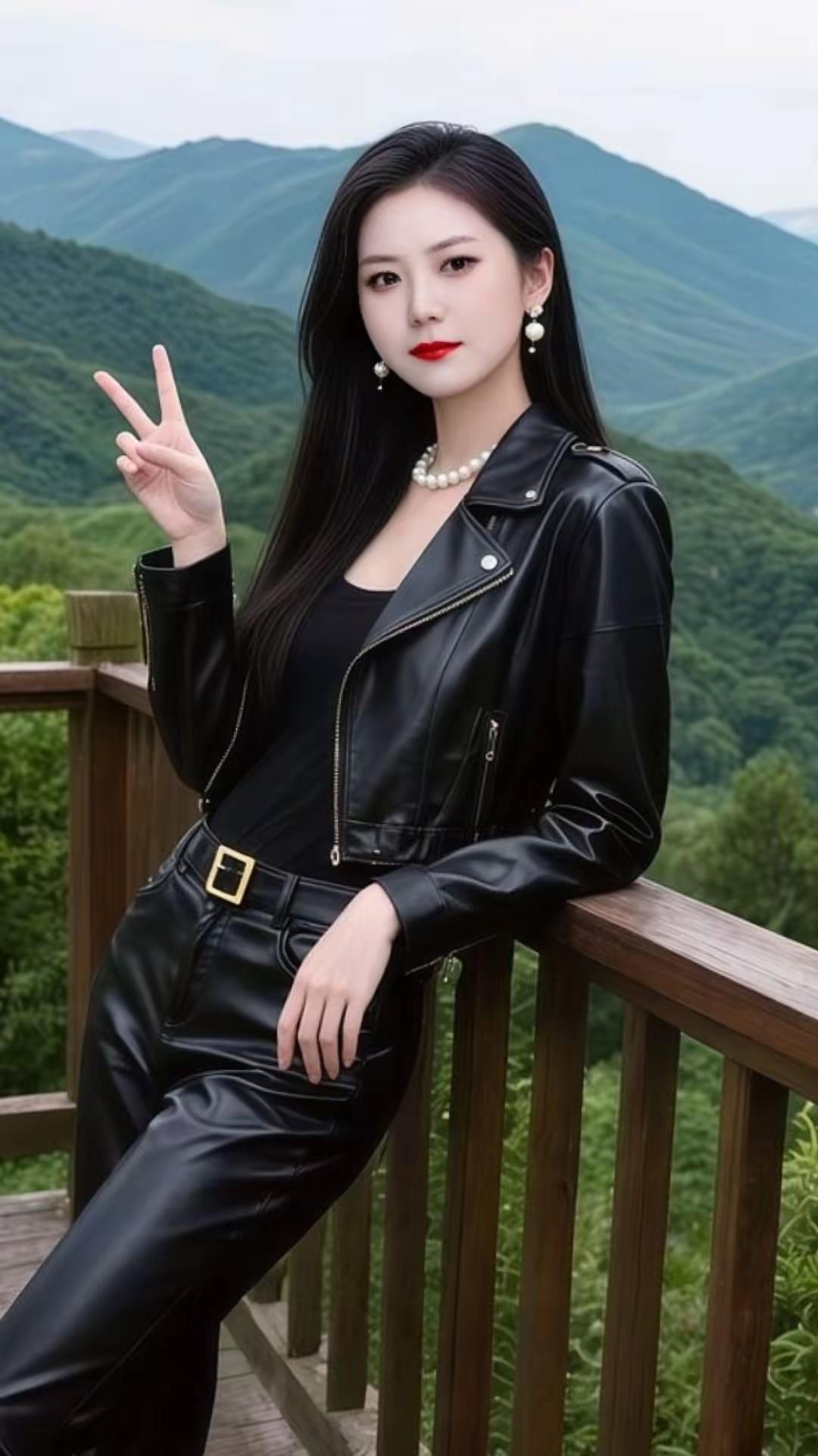 黑色皮衣搭配珍珠项链，酷炫与优雅的完美结合，户外拍照姿势满分！📸💃