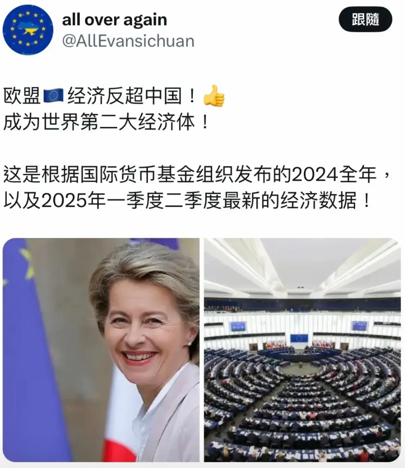 欧盟GDP重回世界第二让冯德莱恩笑逐颜开，成就感拉满。但是……但是，欧盟民众的