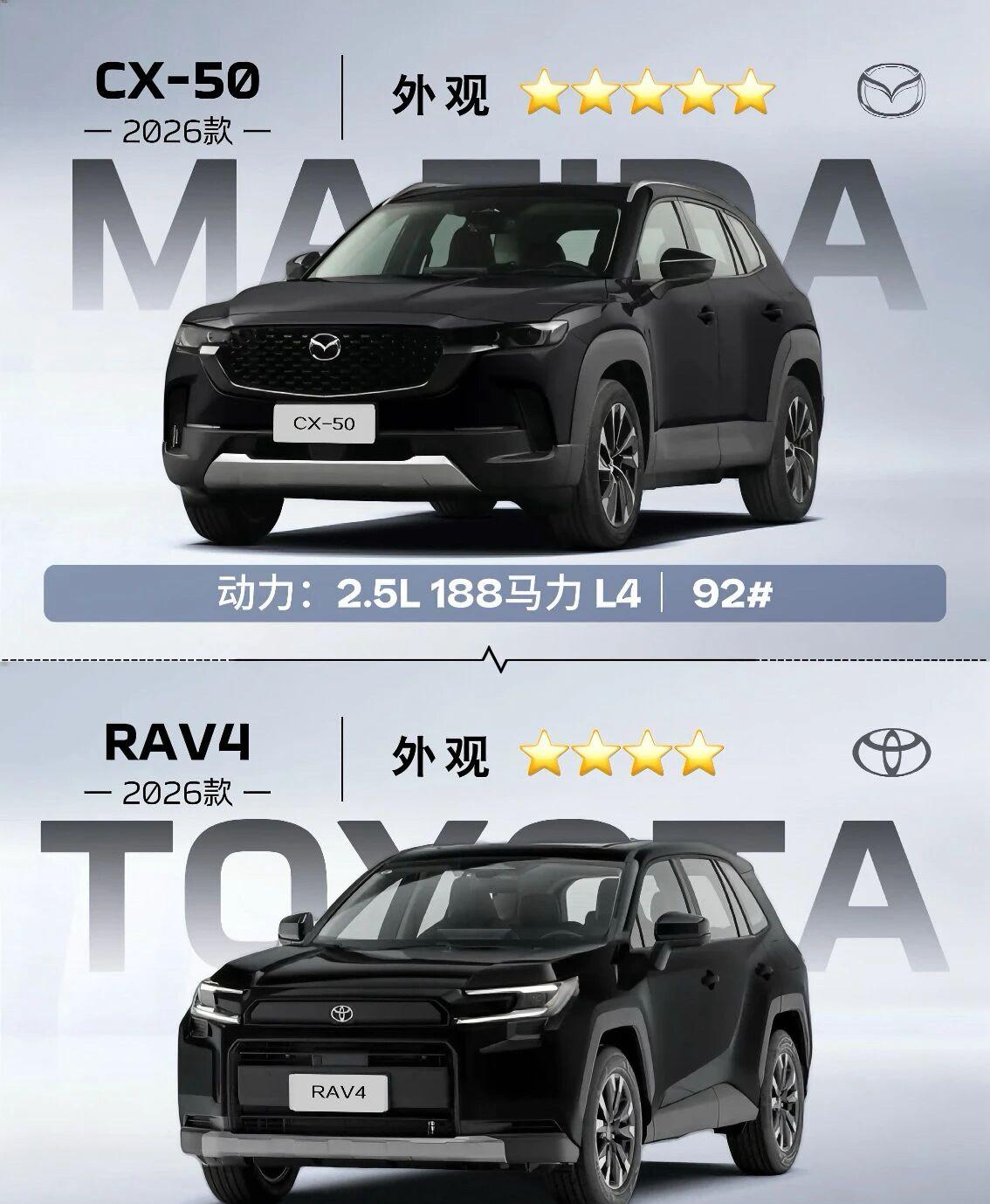 马自达CX-50vsRAV4荣放｜谁更胜一筹❓一句话总结•选CX-50