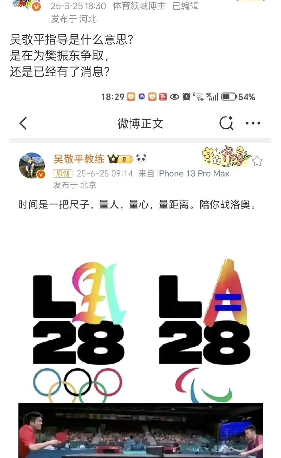 吴敬平这是什么意思？昨天莫名其妙发个文案，“陪你战洛奥”配图是樊振东巴黎奥运会