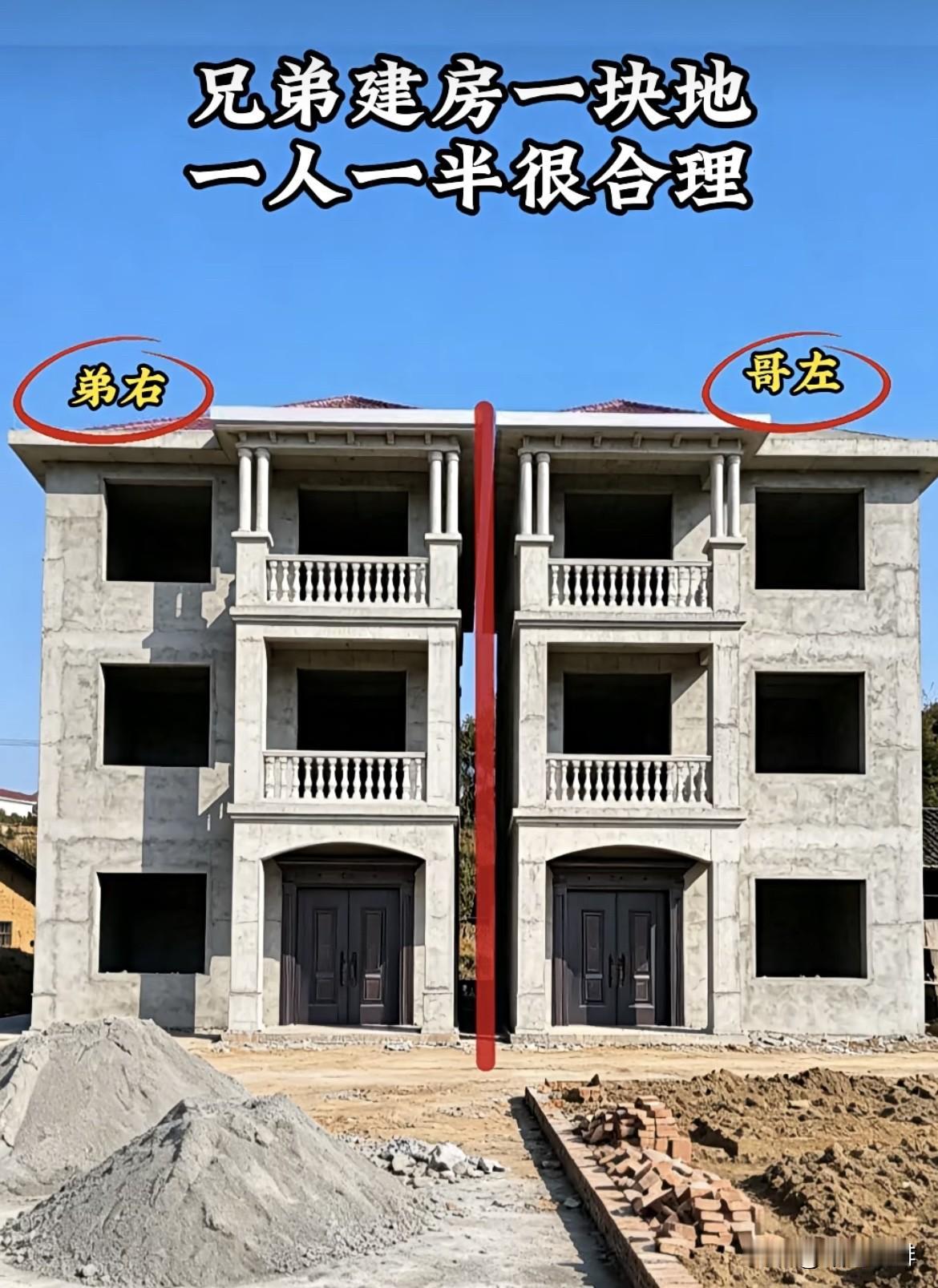 兄弟建房🏠一块地，一人一半很合理。这样建房得大气好看‼️而且兄弟之间感情