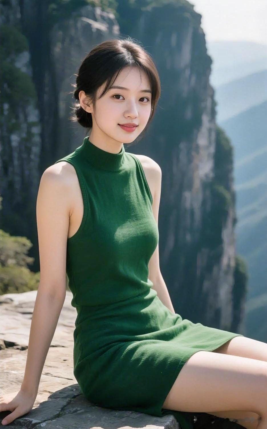 【现代散文诗】苍崖万仞，翠色入怀。她着一袭墨绿，静坐山巅磐石，笑意浅淡如风。