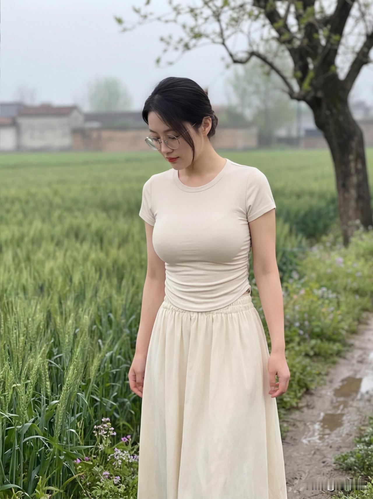 麦田里的春日信笺春日在田野漫步，轻纱裙摆随风飘逸，感受着春天万物盛开带来的