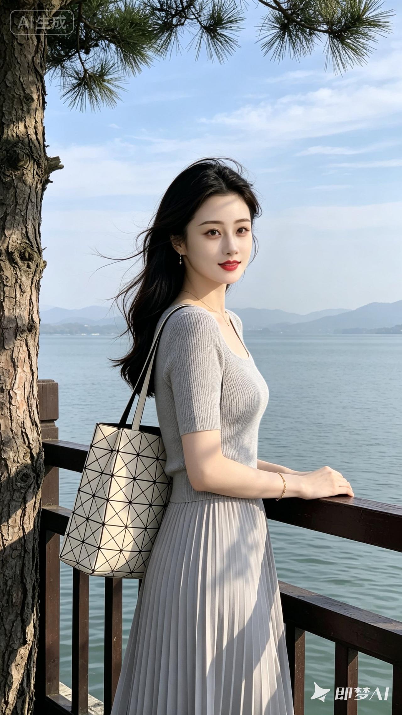 湖畔漫步，优雅穿搭，清新自然，尽享美好时光。