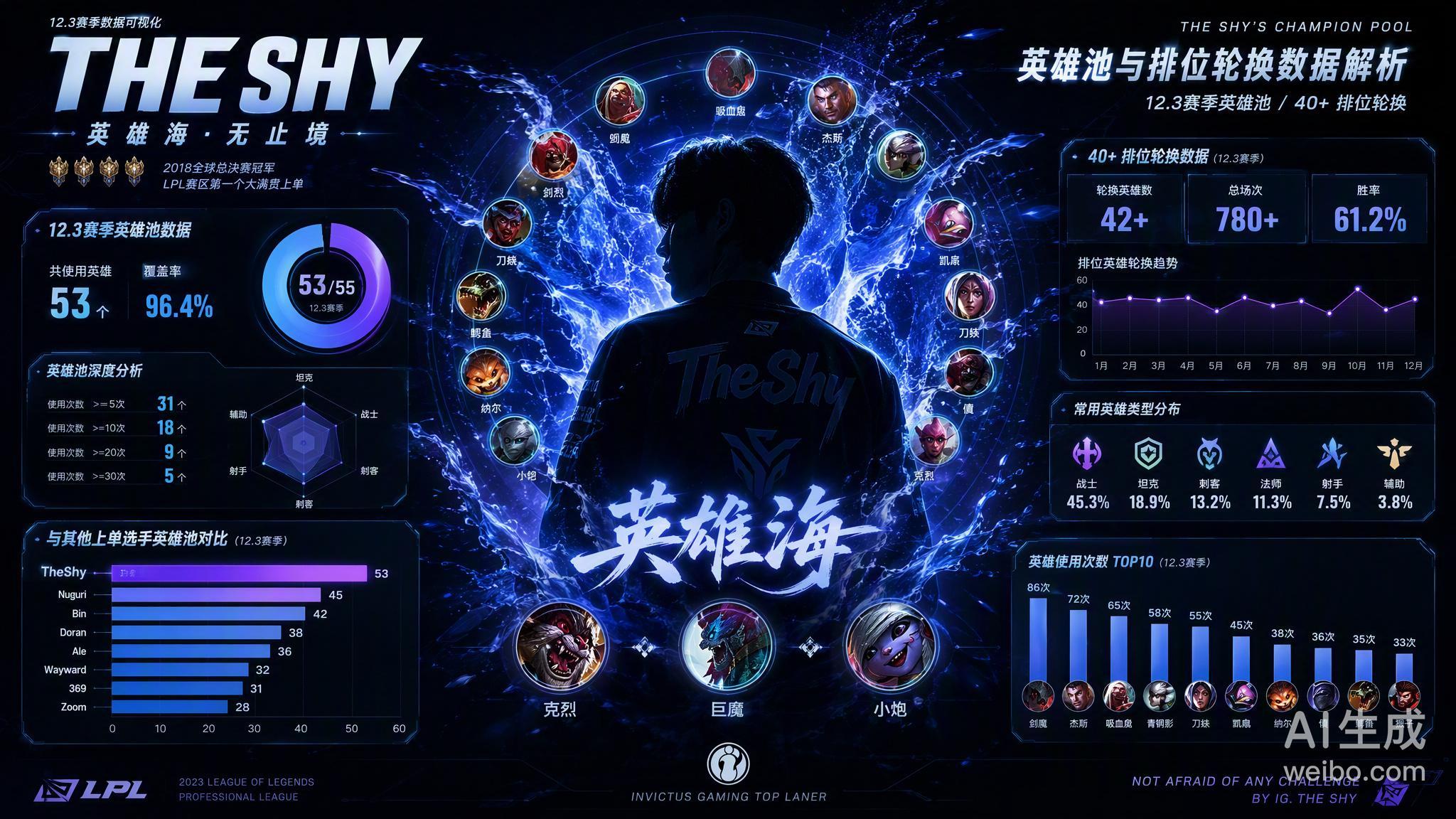 TheShy这英雄池真不是盖的，场均12.3个英雄，排位轮换40多个，对手Ban