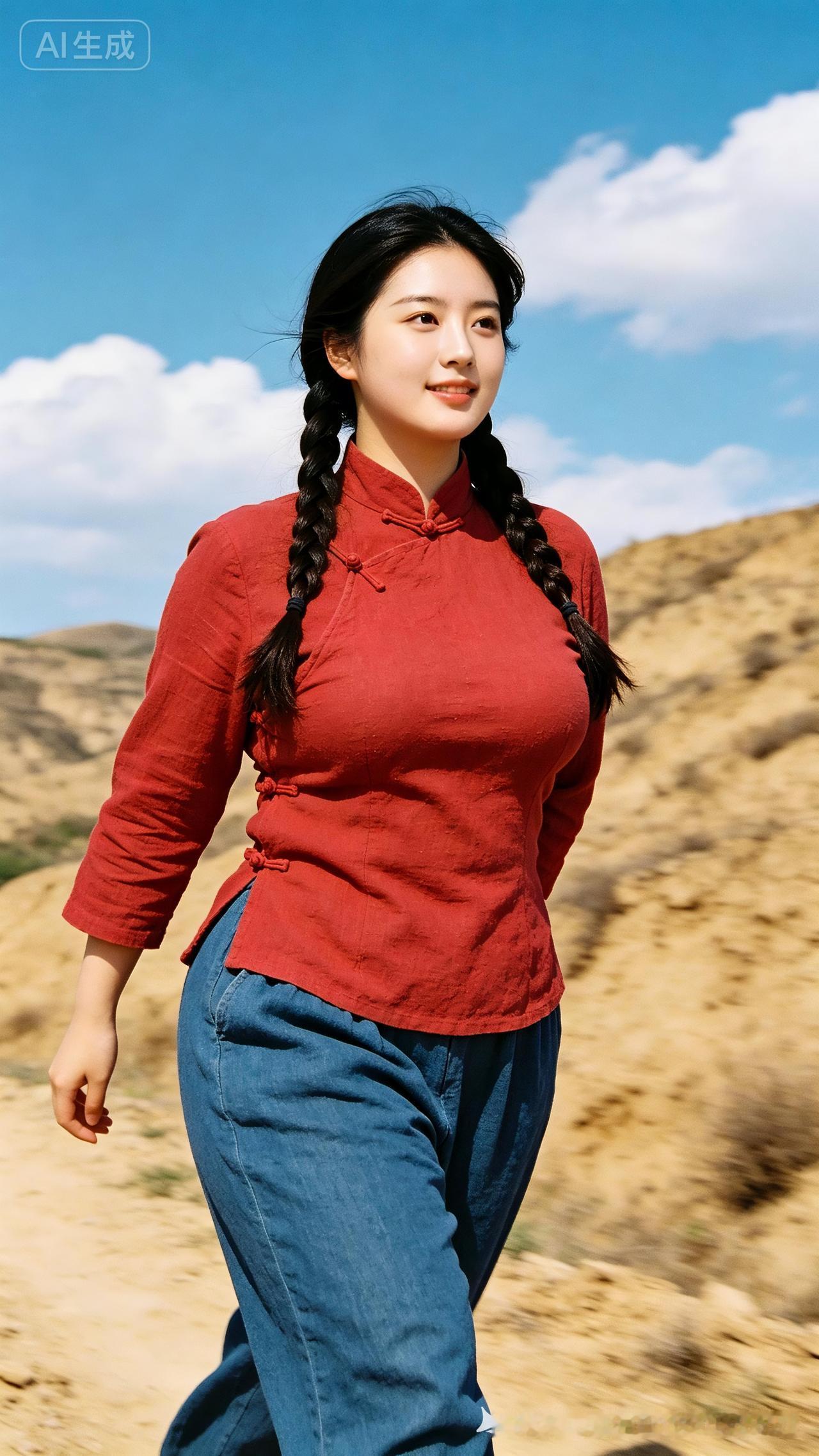 红衣少女漫步在荒漠中，复古与自然完美融合，尽显优雅与自由。