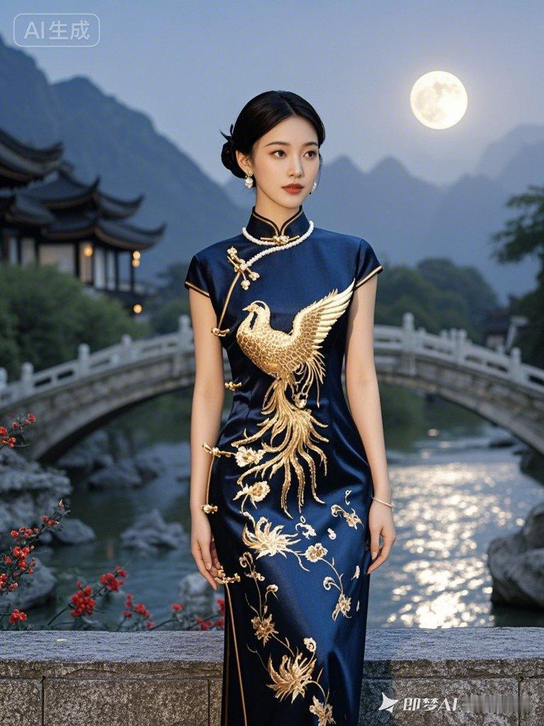 月色如水，古风美人立桥头，尽显东方韵味。