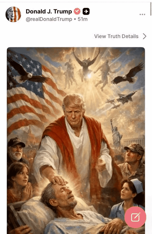 哈哈哈哈，网友用AI制作了一个视频，一巴掌抽翻了化身耶稣的懂王[捂脸哭][捂脸哭][