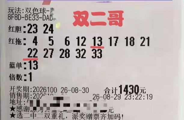 双二哥又空手了，在第100期福彩双色球当中败走麦城，其奉献的两张彩票仅仅命中2+