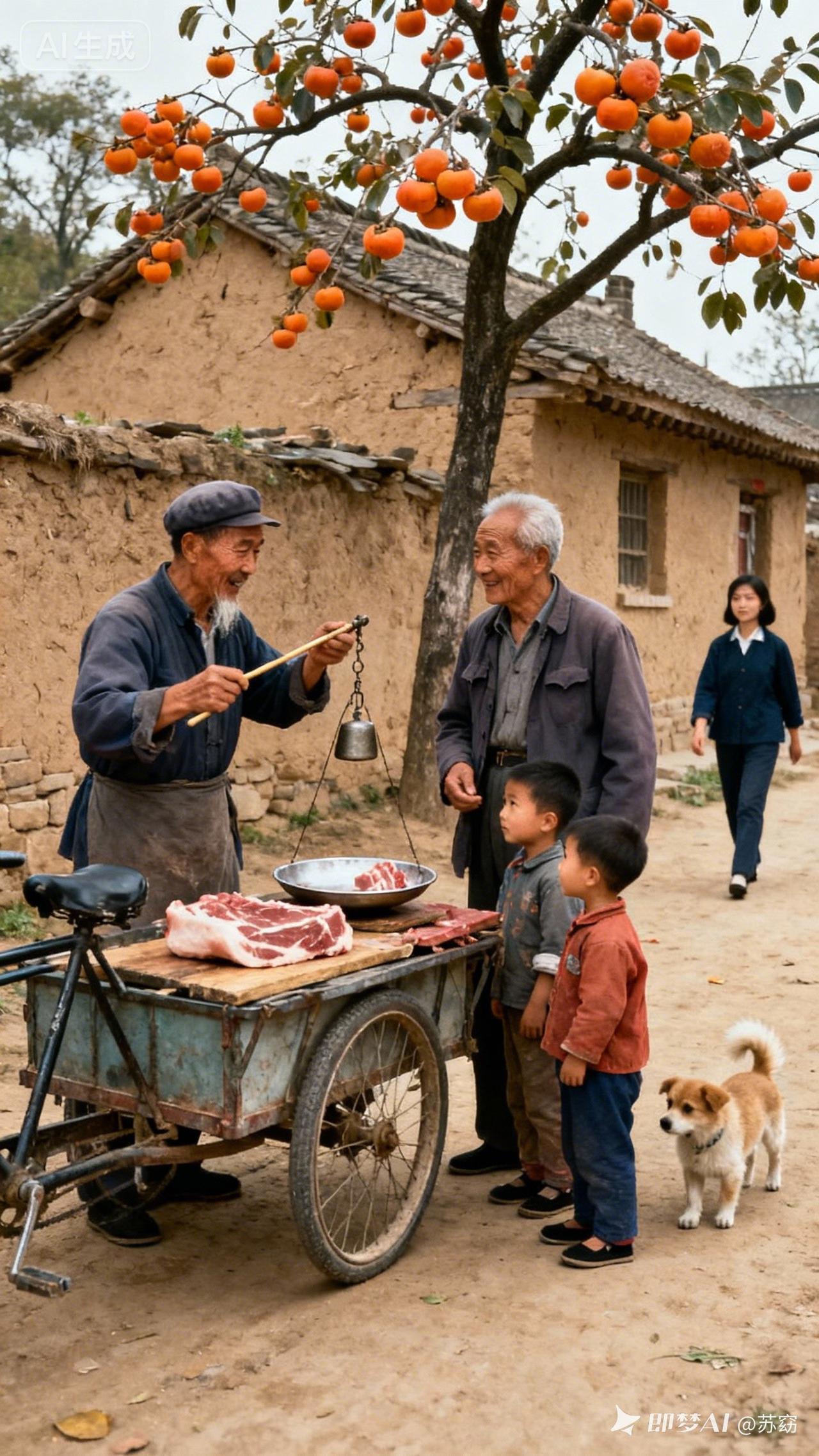 乡村市集：老爷爷称肉，孩子们围观，小狗陪伴，温馨日常。