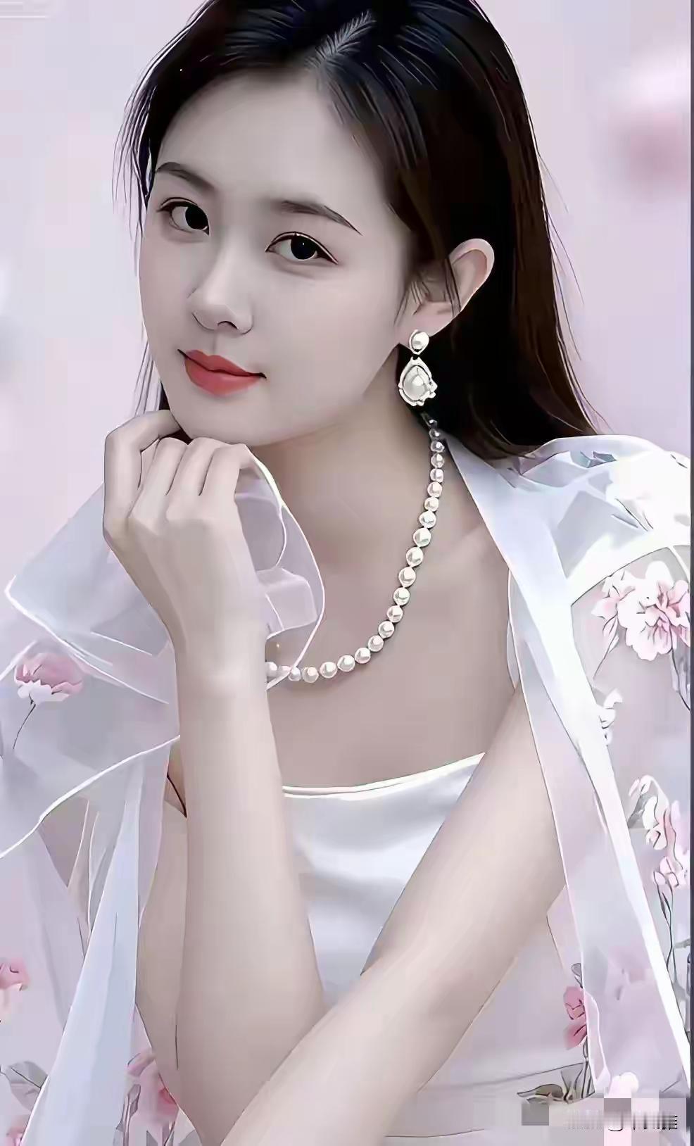 优雅气质，珍珠项链与花边披肩相得益彰，尽显东方女性魅力。