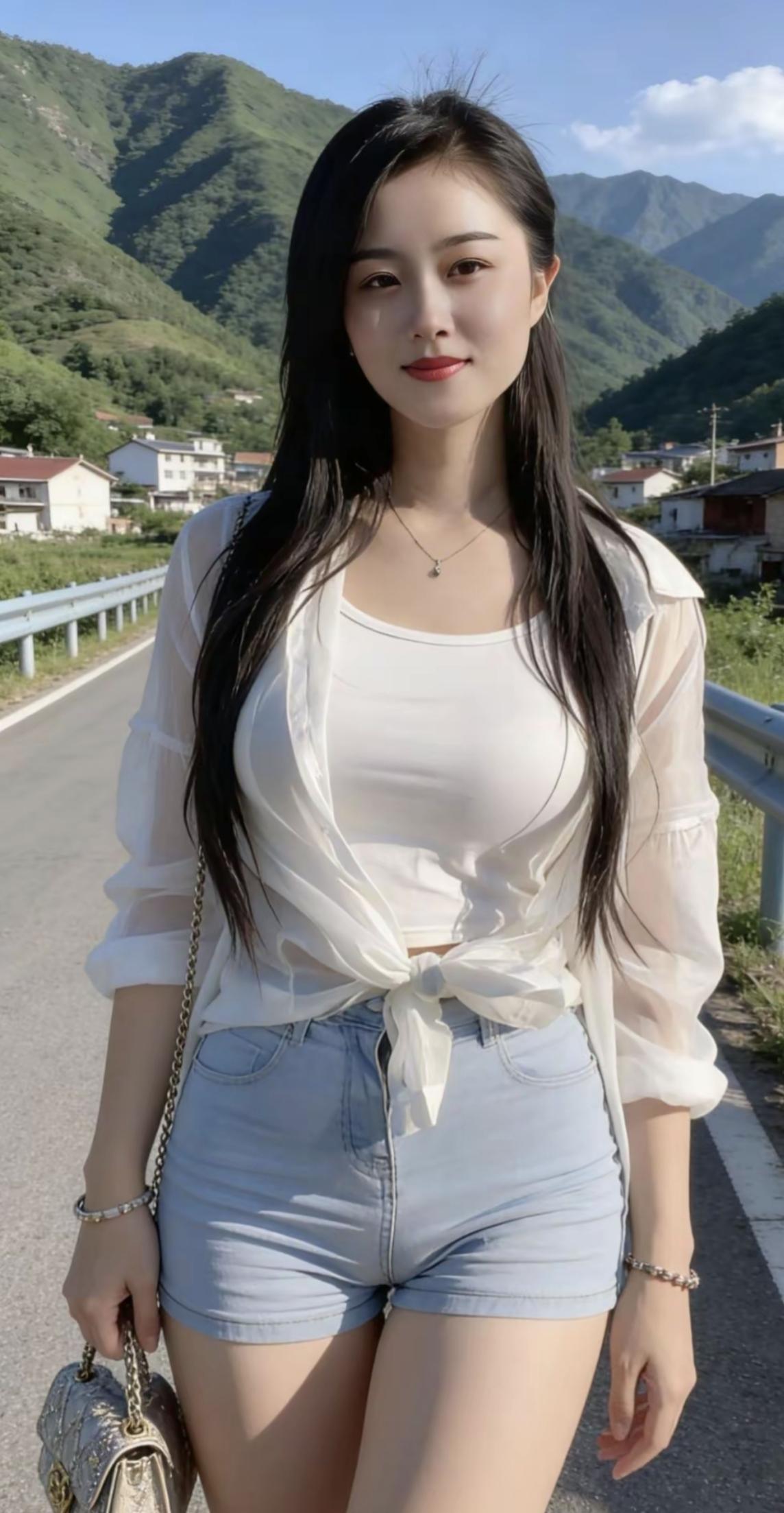 山间少女行，白衣飘飘间。