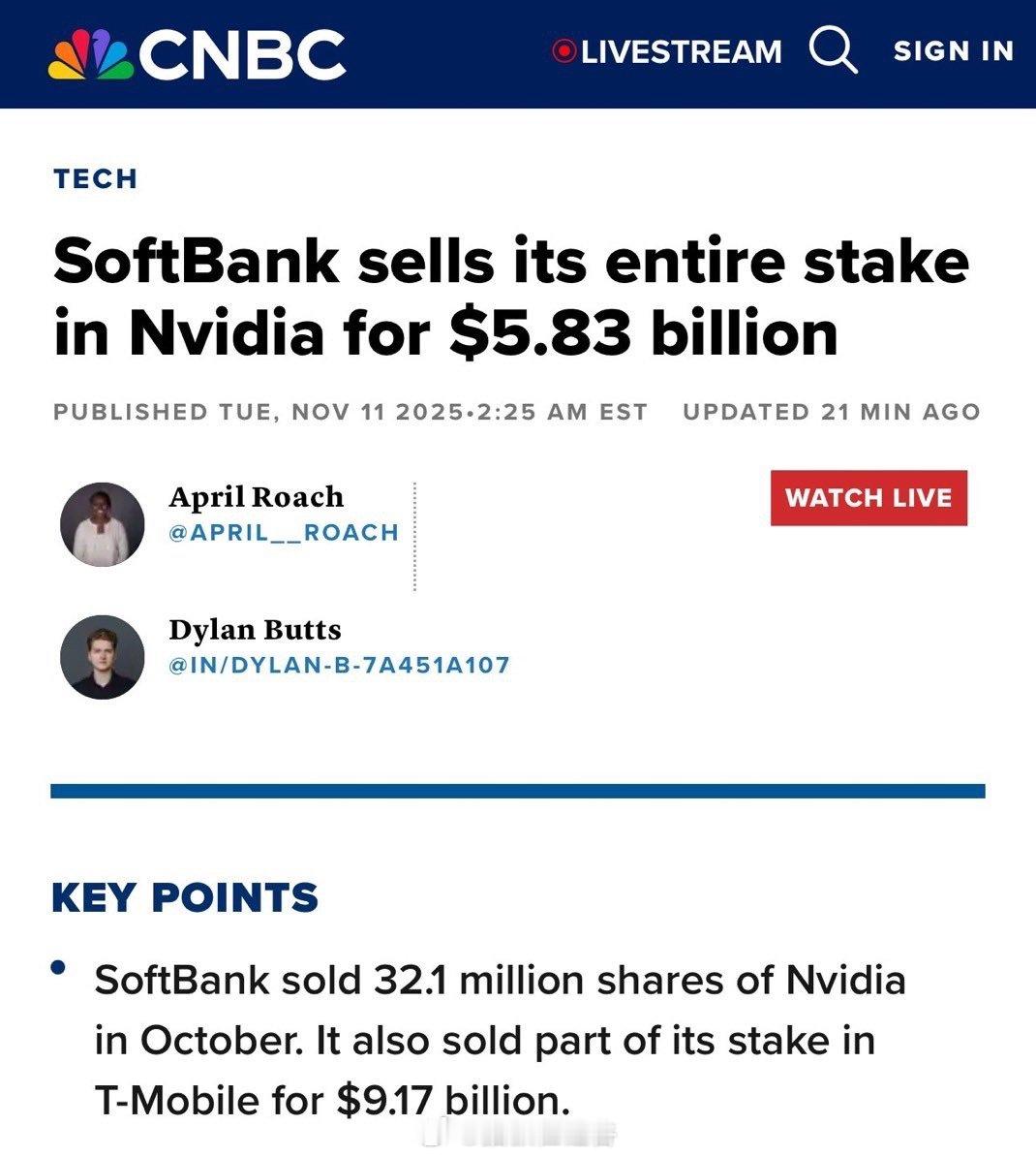 日本投资巨头软银集团周二宣布，已完全清空其持有的英伟达全部股份，筹集约58.3亿