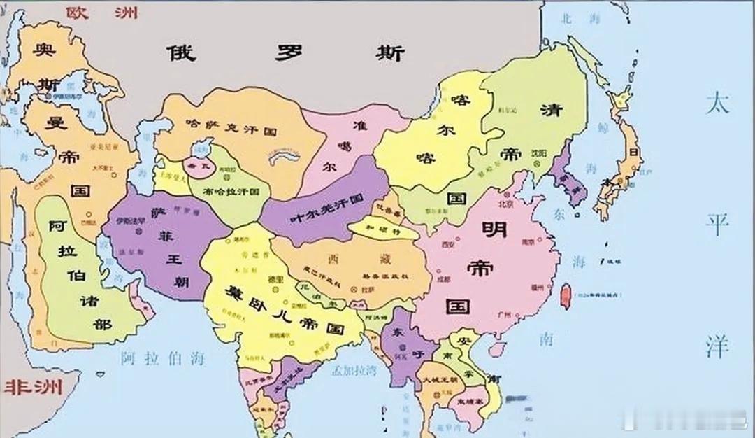 明朝末期，亚洲国家分布图明朝后期，势力仅限于内地13省范围。清朝兴起，占领东北部