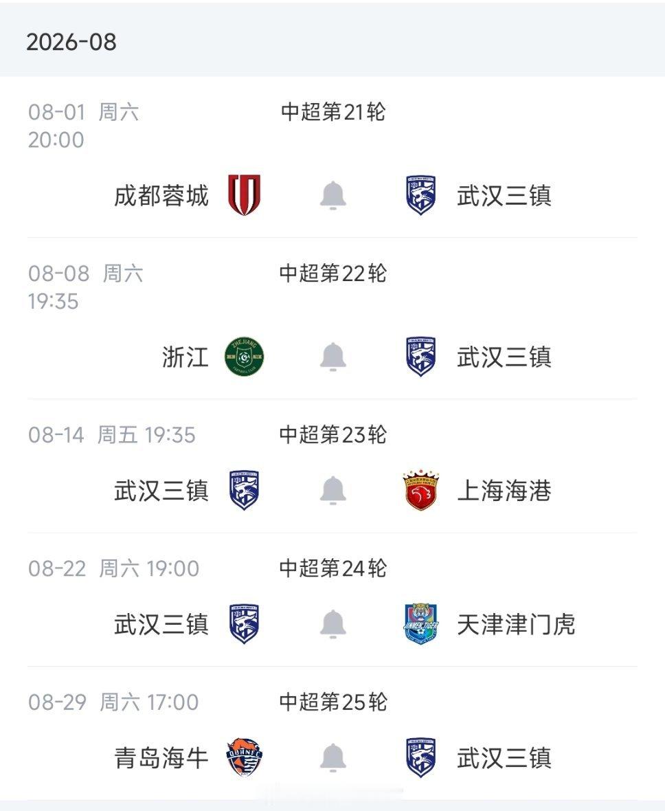 武汉三镇8月2主3客强度拉满2026赛季中超联赛第20轮战罢，武汉三镇少赛一轮与