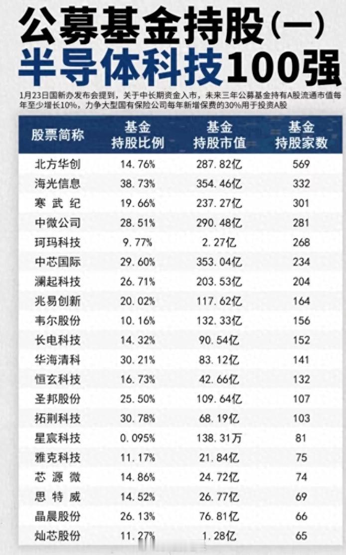 半导体科技龙头100强名单出炉！公募基金持仓比例排名、基金持股家数排名！