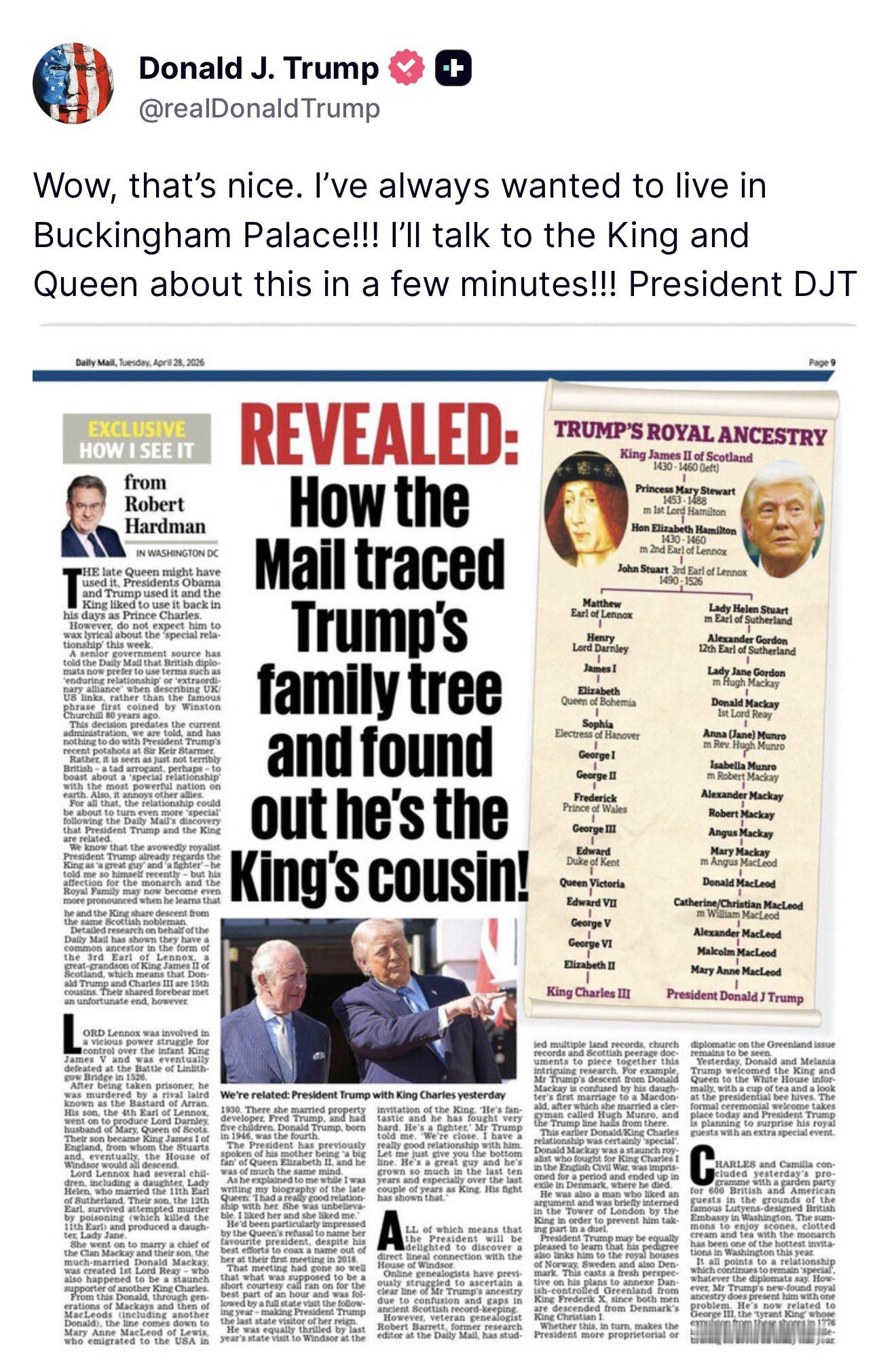 《每日邮报》翻烂了苏格兰的历史档案。顺着族谱一路往上查，找到了1430年的苏格兰