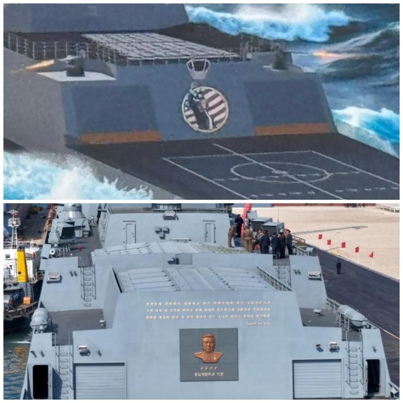 图片上部分是美国“特朗普级”战列舰的设计图，仔细看后甲板位置那个雕像是谁。图片