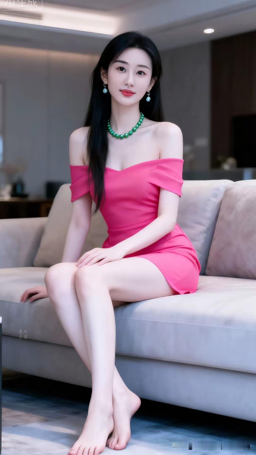 优雅粉裙+绿宝石项链，尽显迷人魅力！