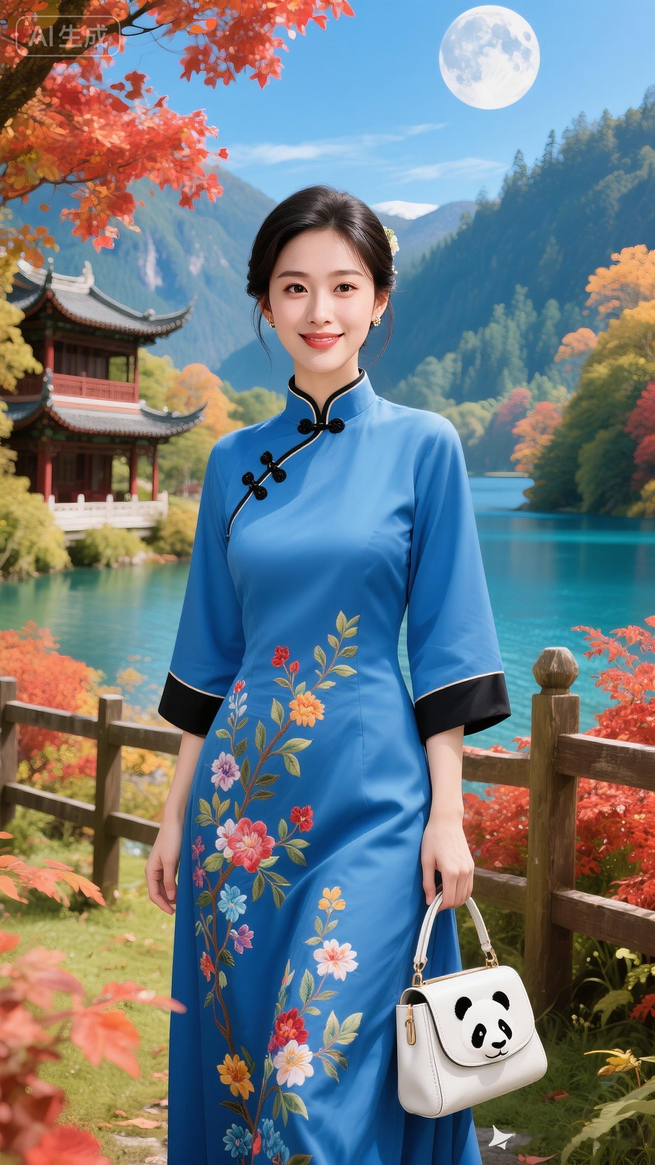 秋日游园，旗袍飘逸，山水相映，月色如梦。