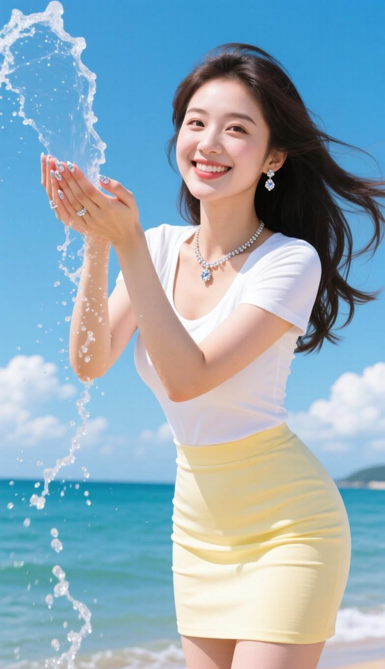 夏日海边少女，微笑接住飞溅的海浪，清新动人！🌊😊
