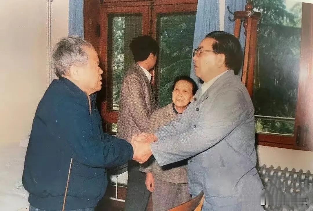 1991年，时任国防部长秦基伟将军（右一）到南京看望已离职休养的原南京军区司令员