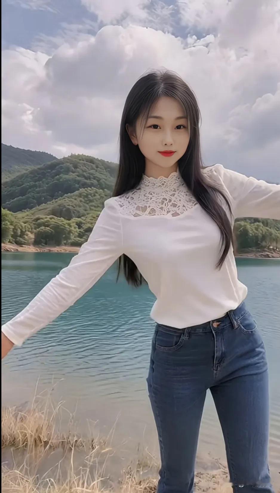 湖畔漫步，白衣飘飘，心旷神怡。湖畔白衣少女