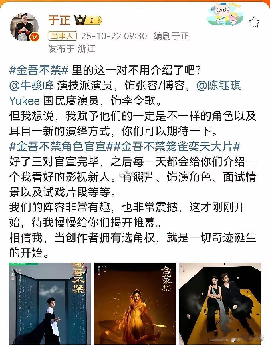 于正发文官宣陈钰琪是自己新剧《金吾不禁》的女主角，还说这部剧如果不能让陈钰琪大爆