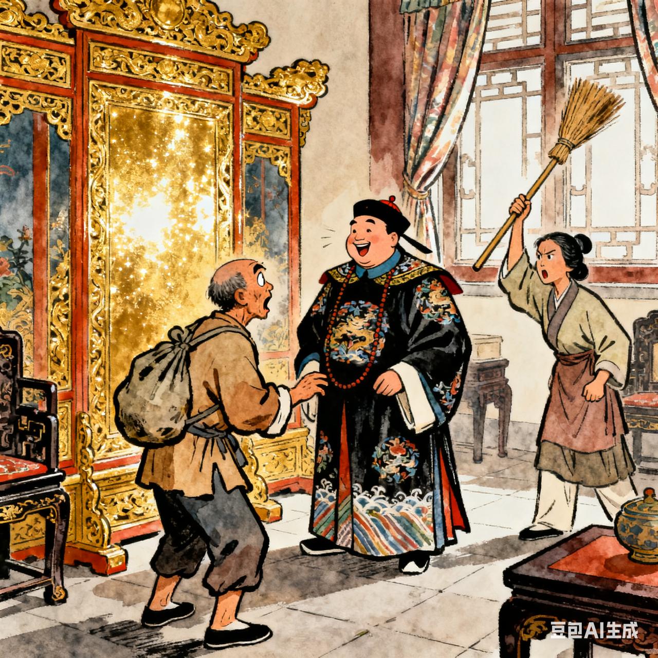 古代贪官笑话贪官接爹娘进城享福。他爹瞅着屋里金灿灿的屏风，直咂嘴：“儿啊