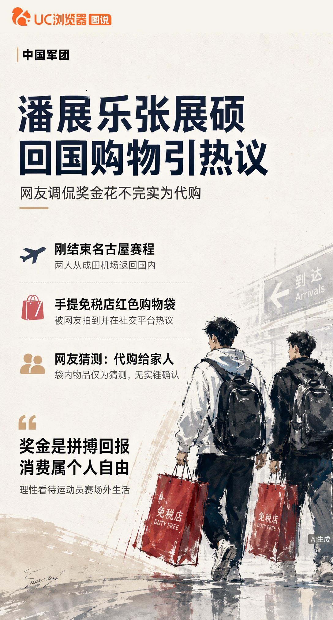 潘展乐张展硕结束名古屋赛程回国，手提免税店袋子引热议。网传是给家人代购礼物，但并无实锤。奖金是拼搏换