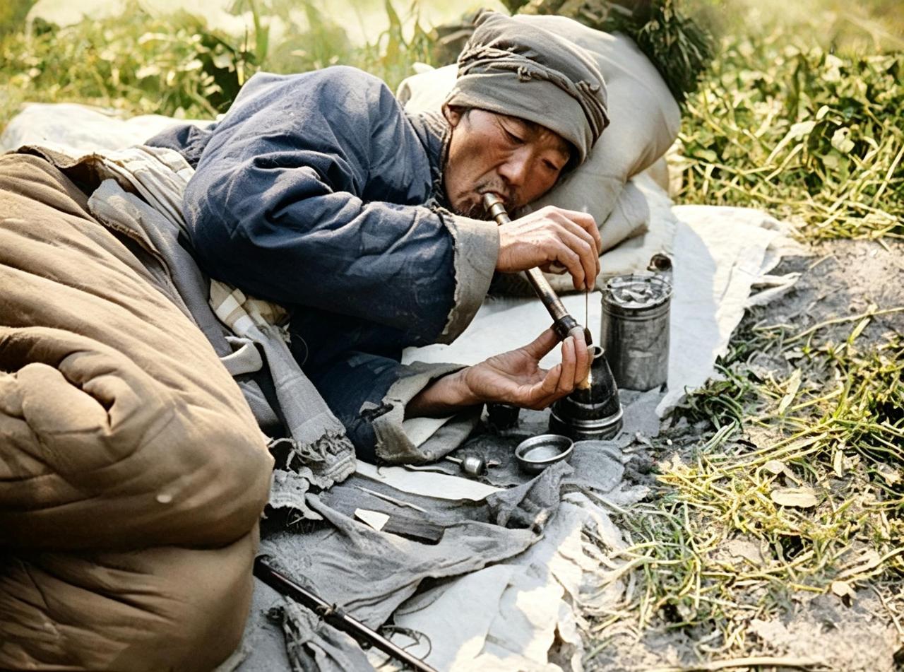 这是百年前一名清军士兵在执行任务途中，烟瘾猝然袭来。他咬紧牙关试图强忍，浑身颤抖