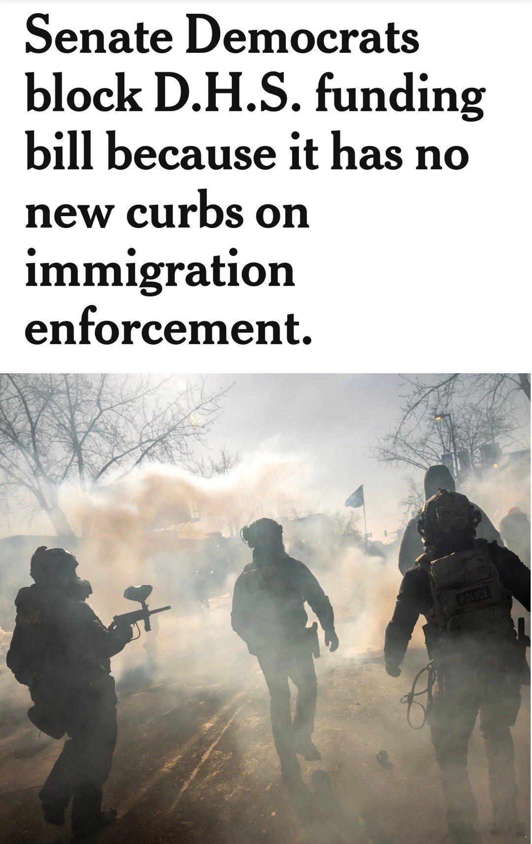 参议院今天投票，共和党想给国土安全拨款没通过，因为没要求“移民执法必须整改”联邦